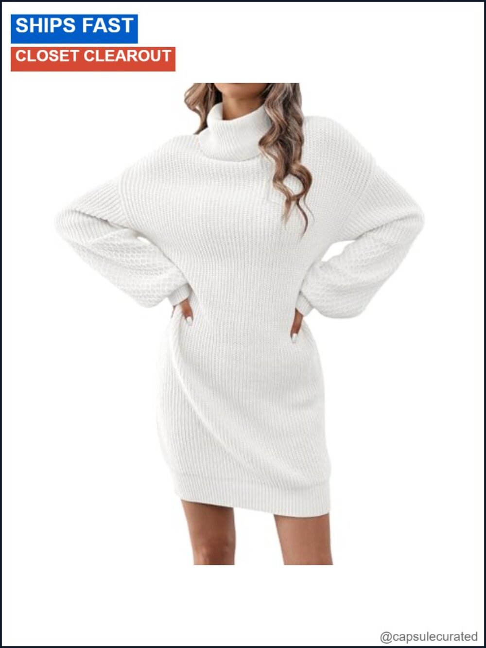 Womens Turtleneck Ribbed Knit Mini Dress Acrylic Lantern Sleeve Sweater Dress